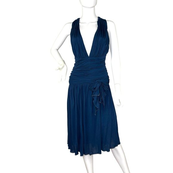 NWT SEAN by Sean Combs Size L Midi Dress Sleeveless Plunge Neckline Navy Blue - Picture 2 of 8